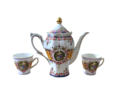 Vintage Courting Couple Lovers Scene Miniature Tea Set with Gold Tone Trimming