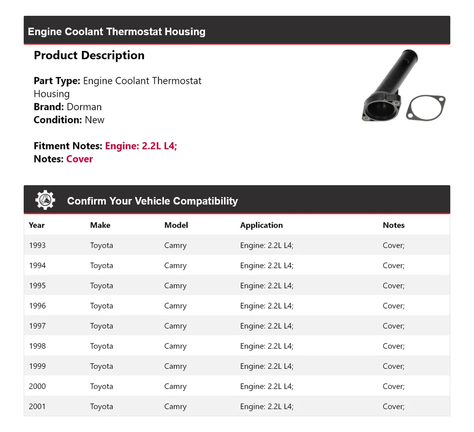 Carcasa termostato refrigerante motor Dorman 2,2 L L4 1993-2001 Toyota Camry Foto 2 de 4