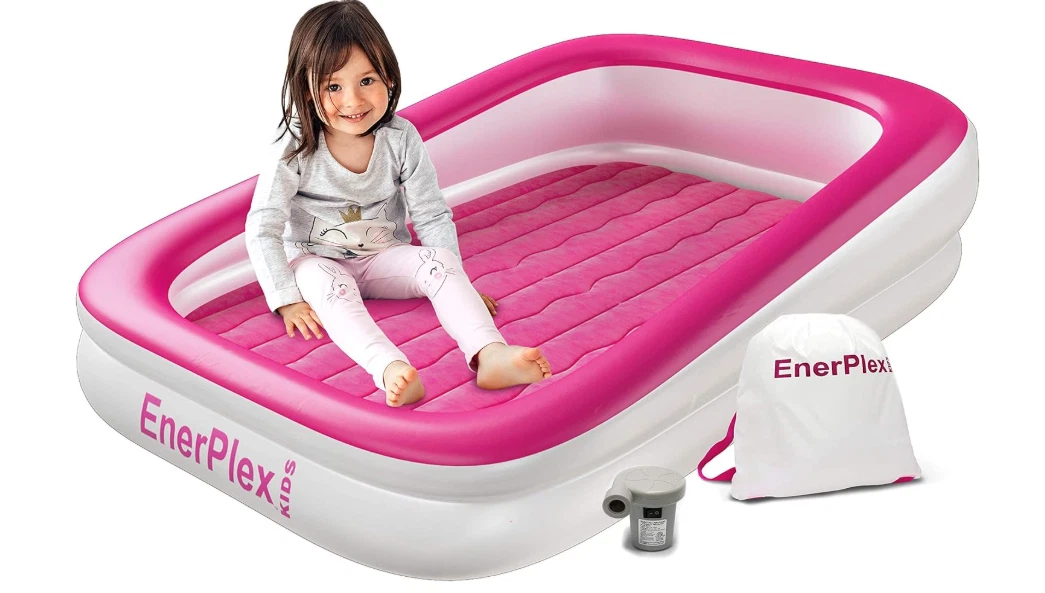 EnerPlex Inflatable Travel Bed with High Speed Pump, Built-in Safety Bumper Pink