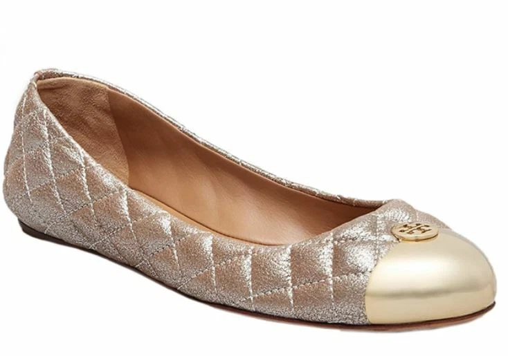 Tory Burch Women s Kaitlin Skimmer Quilted Ballet Flats Royal Tan Silver Gold 10