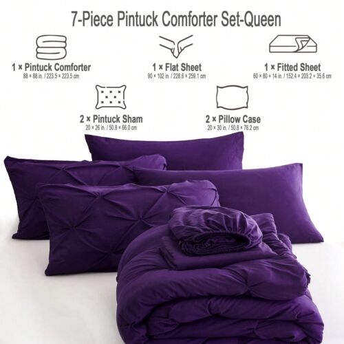 7pc Queen Comforter Set with Sheets – Pintuck Bed in a Bag, All-Season Bedding - Picture 17 of 91