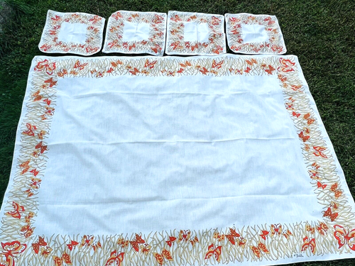 Vtg Emilio Pucci MCM Tablecloth and 4 Napkins Butterflies Gold Orange 52" x 70"