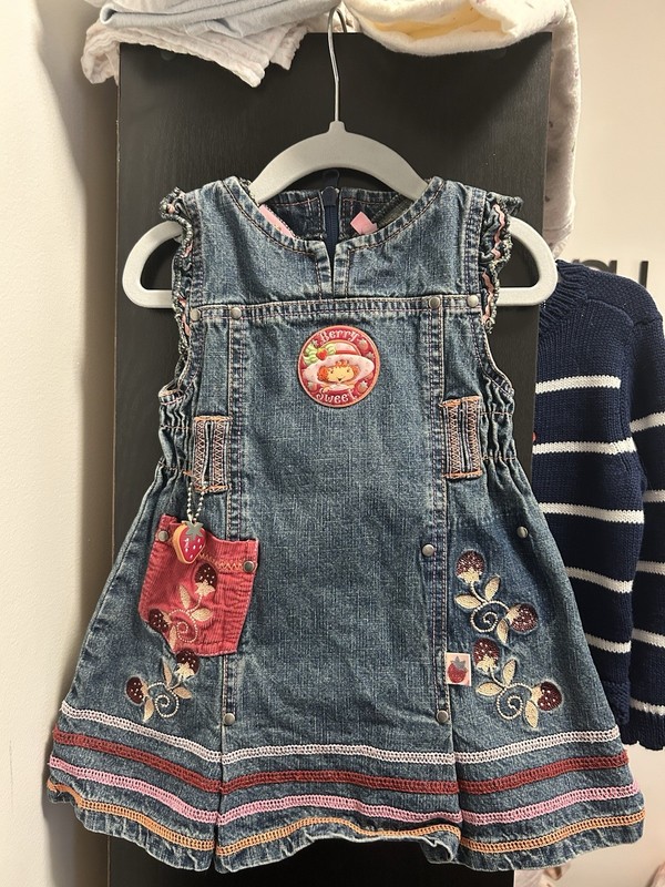 Charlotte aux Fraises Strawberry Shortcake Denim Overall Dress 3T Blue Pockets