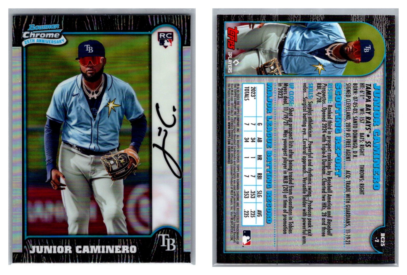 Junior Caminero RC 2024 Bowman Chrome 25th Anniversary #BC25-7 Tampa Bay Rays