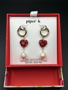 Authentic piper.k 14kt Gold Plated Freshwater Pearl Glass Heart Dangle Earrings Nickel-Fr…