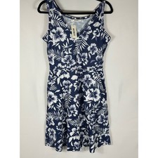 Womens Navy Blue White Floral Sleeveless V Neck Pocket Dress M