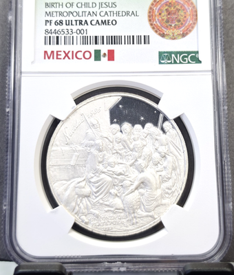 1986 MEXICO SILVER MEDAL BIRTH OF JESUS NGC PF 68 ULTRA CAMEO RARE