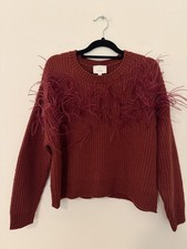Cinq A Sept Maroon Wool Blend Sweater Sz XS Ostrich Feathers Luxury