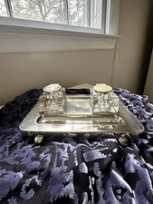 Mappin&Webb Sheffield 3xSilver Deposit Double Inkwell Stand  W/2Crystal Inkwells