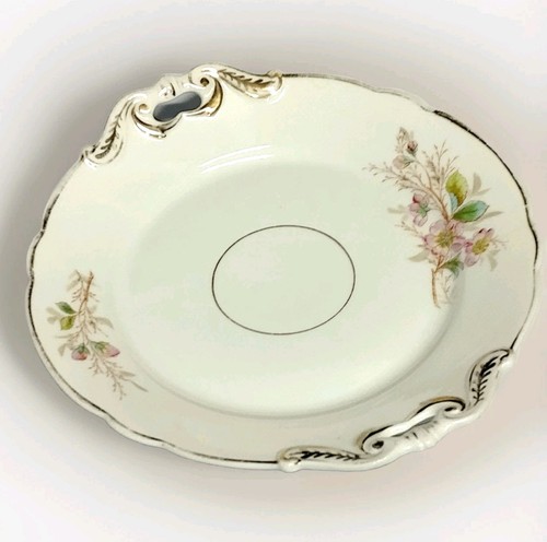 Vtg Porcelain 9.5" Large Cake Plate with Handle Cutouts Floral Design Gold Trim