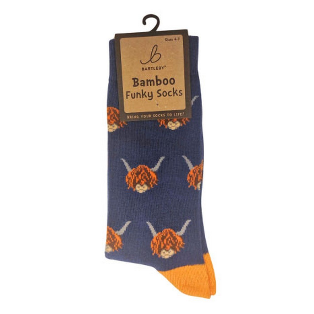 Womens Funky Bamboo Crew Socks Highland Cow Print UK4-7
