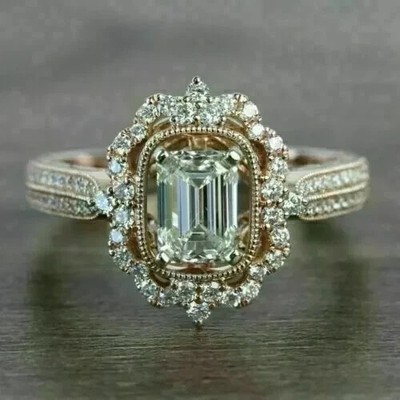 3Ct Emerald Cut Lab Created Diamond Women Wedding Ring 14K Yellow Gold Plated