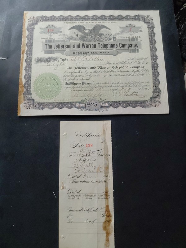 Antique The Jefferson And Warren Telephone Company Orangeville, Ohio Stock
