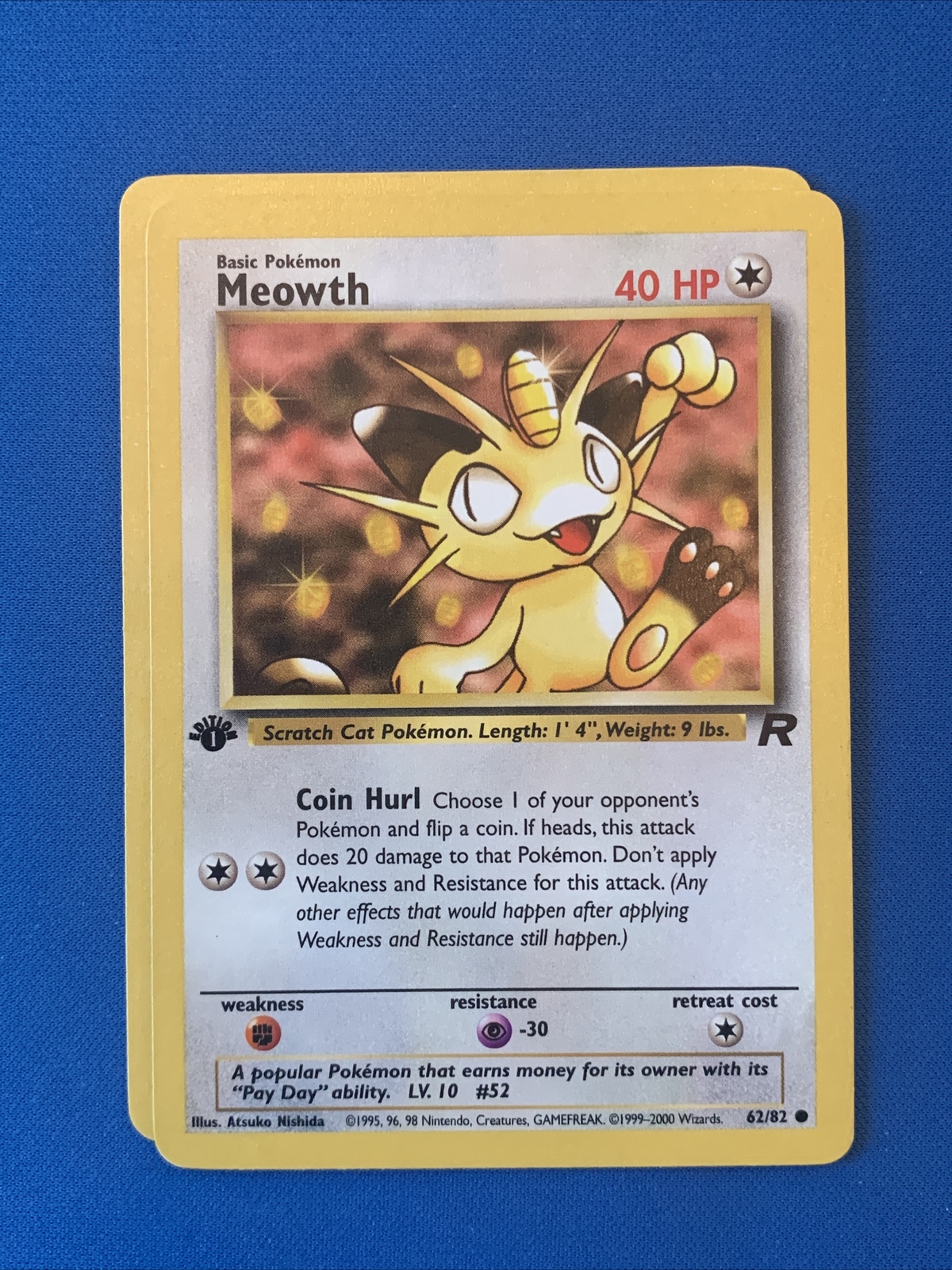 NM 1st Edition Meowth - 62/82 - Common - Team Rocket Pokémon Card