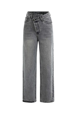 Micas Women's Size Large Asymmetric Waist Straight Leg Jeans Dark Grey New