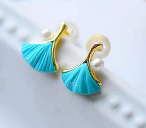 Authentic 925 silver gold plated ginkgo leaf Natural Beeswax Turquoise pearl Earrings