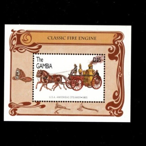 VINTAGE CLASSICS- Gambia 1996- Fire Engine- Souvenir Stamp sheet- Scott 1749 MNH