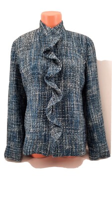 Chico's Blue/Black/White Mystic Tweed Rachelle Ruffle Jacket. Chico's Size 1