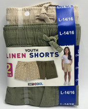 Girls Size L 14/16 32 Degrees Cool 2-Pack Linen Shorts Green Tan Polka Dot