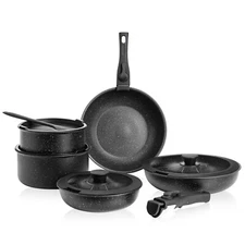 OLIXIS 12pcs Non-Stick Pots Cookware Set w/ Detachable Handle for Kitchen,Black