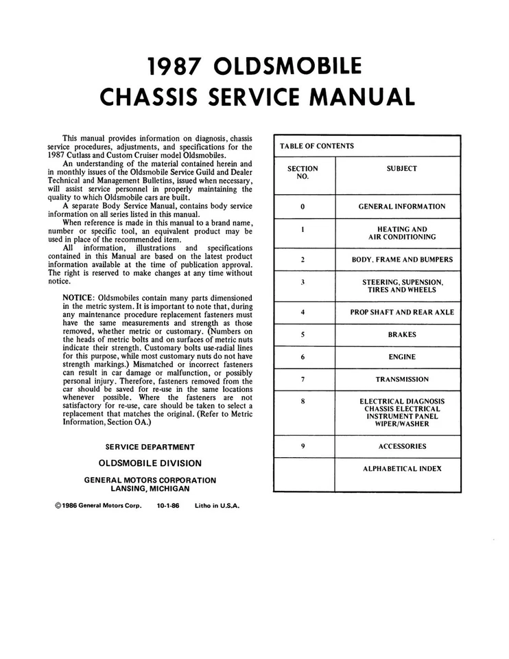 Oldsmobile Cutlass Supreme 1987 y manual de servicio de salón Foto 2 de 4