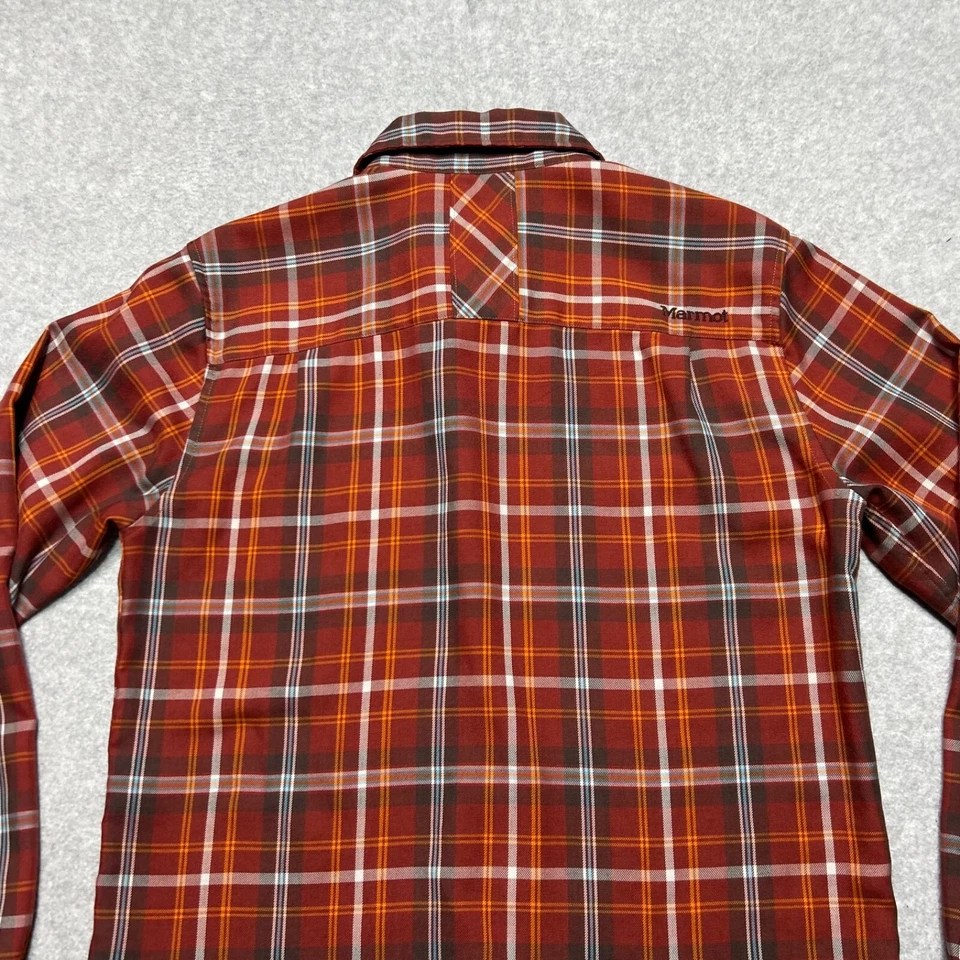 Marmot Shirt Mens Small Red Orange Plaid Button Up Polyester Wool Blend Outdoor - Image 4 of 4