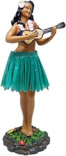 Hawaiian Leilani Dashboard Hula Doll 7" Green Skirt w/ Ukulele Hand Made