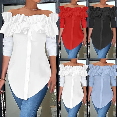 Damen Rüschen Schulterfrei T-Shirt Elegant Langarm Longshirt Freizeit  Oberteile