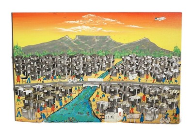 Large Sunset 3D South African Township painting Recycled Cans on 8mm Wood Board 
