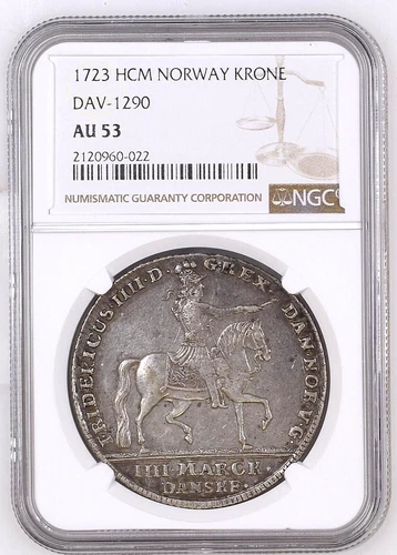 NORWAY KRONE 1723 HCM DAV-1290 NGC AU53 Very Rare Coin