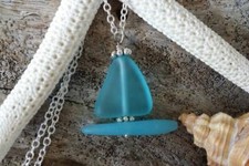 Handmade in Hawaii, Blue sailboat sea glass necklace ,Beach glass necklace,