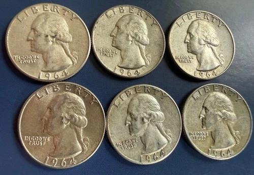 Washington Silver Quarters 1964’s  Lot of 6  With Lite Toning