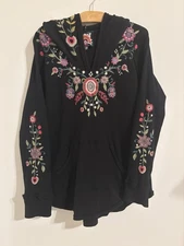 Johnny Was Hulda Black Thermal Embroidered Hoodie Woman’s Size Large