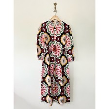 Boden 100% Linen Midi Shirt Dress Size 12 Mandala Floral Belted Pockets Dopamine