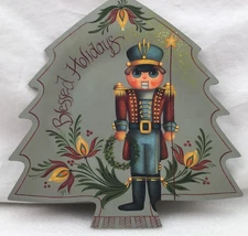 VINTAGE HAND PAINTED WOOD TRINKET TREE TRAY CHRISTMAS NUT CRACKER FOLK ART TOLE