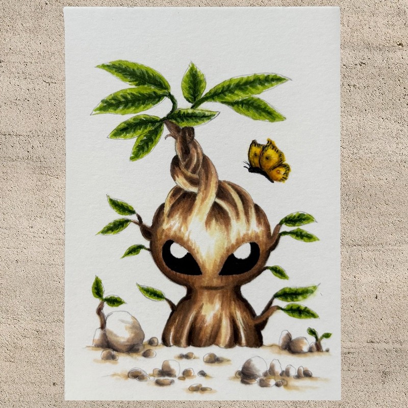Money Tree Alien with Butterfly Friend ACEO Original Art Card OOAK Sci Fi Cute