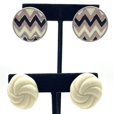 Vintage 80s Statement Earrings Lot of 2 Clip On Post Swirl and Black Chevron
