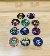 11 Skull Theme Pogs 3x Plastic, 8x Cardboard Vintage Collectibles
