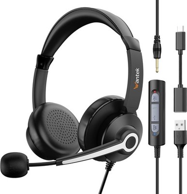 Wantek Headset 3.5mm to USB to USB-C with Microphone Headphone for PC/Mobile