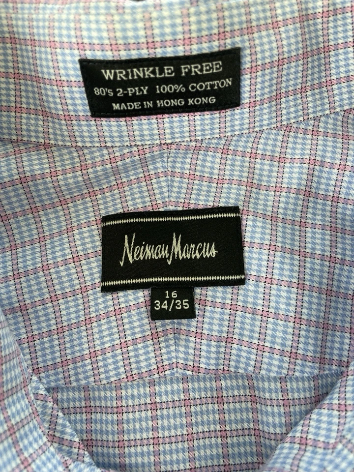 Camisa de vestir clásica a cuadros Neiman Marcus para hombre 16 34-35 azul rosa manga larga Foto 3 de 4