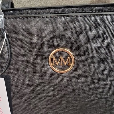 MM Black Tote Bag Gold Hardware Logo Accent Red Lining Zip Outer Pockets Women