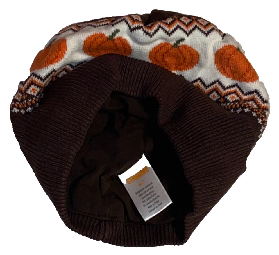K1 Gymboree size 4-7 Boys Brown PUMPKIN Jersey Knit Lined Sweater Winter Hat - Image 2 of 4