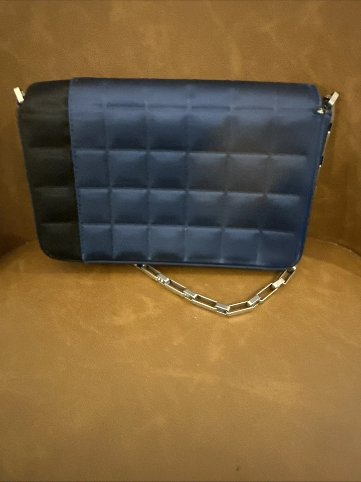 Authentic CHANEL Chocolate Bar Chain Clutch Bag Quilted Satin Mini in Blue Black - Image 4 of 4