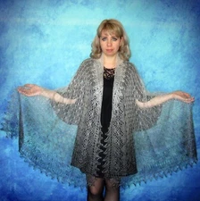 Long women's white-gray hand knit scarf, Warm Russian Orenburg shawl, Wool wrap