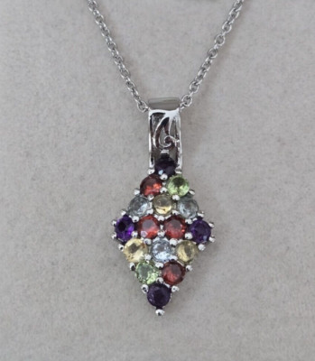 Natural Multi-Gemstone Pendant Necklace 20 Inch Surgical Stainless Steel 1.85ctw