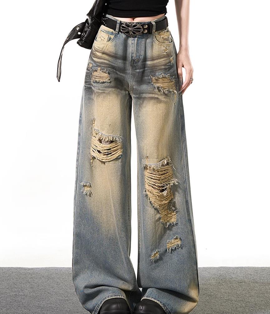 Womens Retro Blue Denim Jeans Straight Wide Leg Ripped Holes
