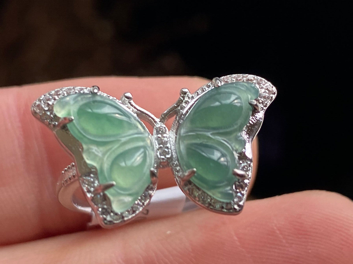 Certified Green silver 925 100% A JADE Jadeite Butterfly RING USA 戒指