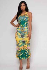 Yellow Tropical Print Maxi Dress Size Large Racerback Summer Travel