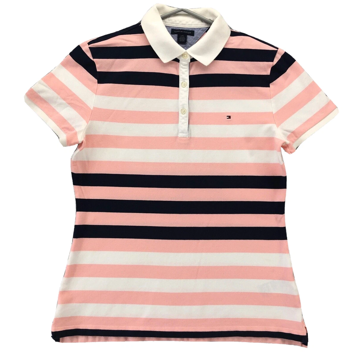 Tommy Hilfiger Polo Shirt Womens Large Pink White Black Striped Golf Logo  Ladies