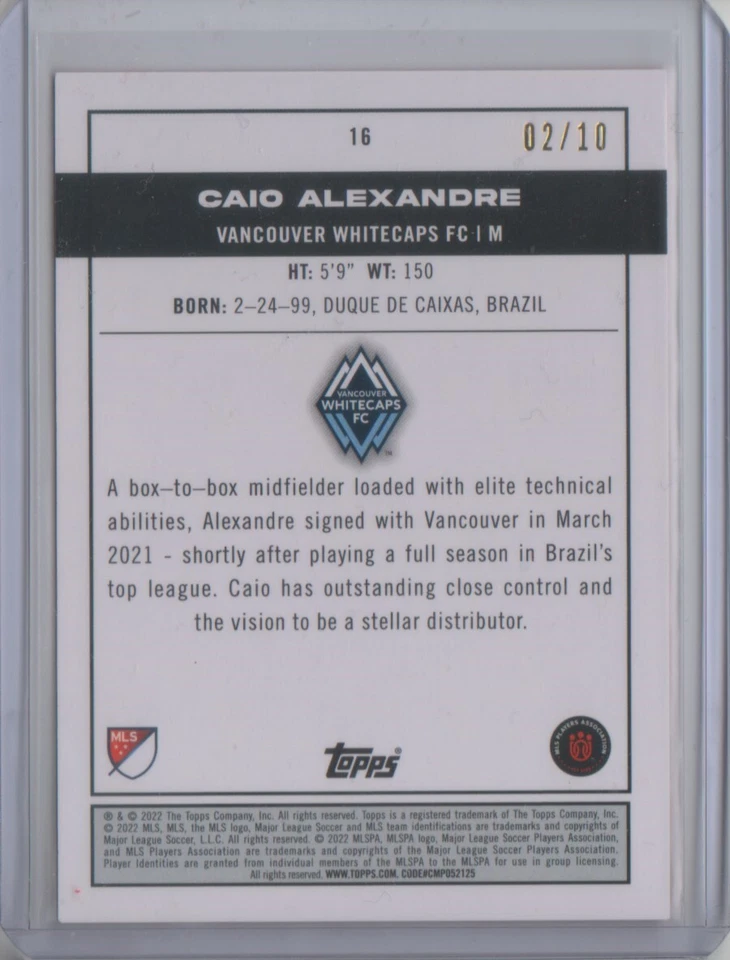 2022 Topps MLS Red #16 Caio Alexandre PP RC 02/10 Pitch Prodigies - Flat S/H - Image 2 of 2